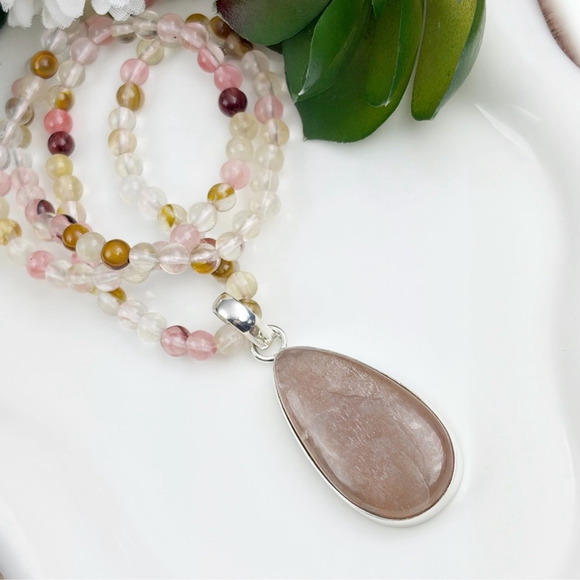 Sterling Silver 925 Peach Moonstone Pendant Cherry Quartz Necklace New - Picture 5 of 11